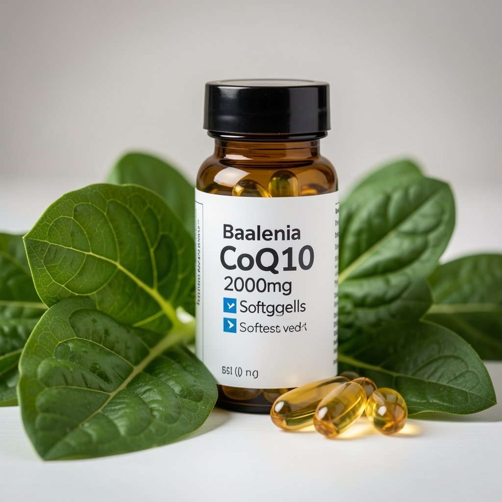 Detail balenia Nature Made CoQ10 200mg Softgels vedľa čerstvých zelených listov